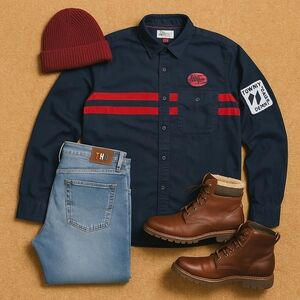 Tommy Hilfiger Denim Retro Button-Down Shirt Navy Red Stripes Logo Patches Med